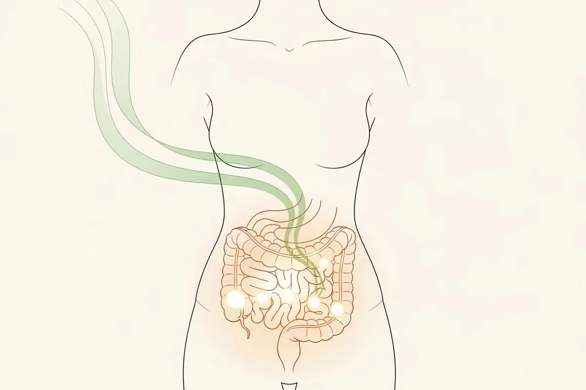 Anatomy illustration of the post-menopausal digestive slowdown between the gut and the brain