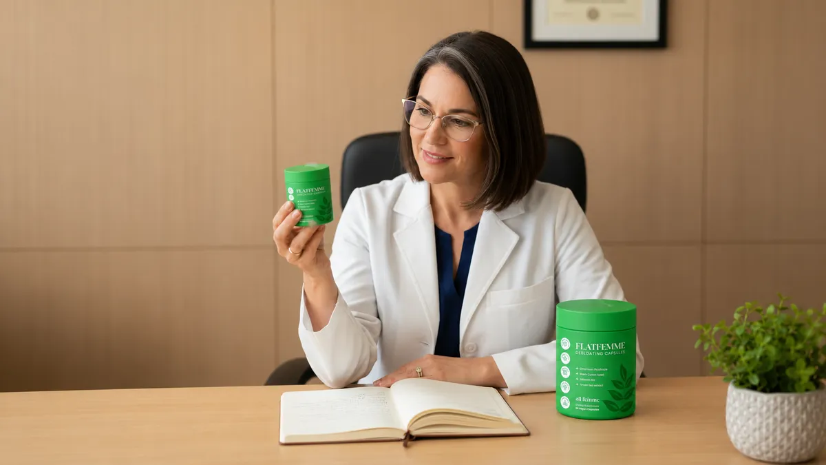 Dr. Mitchell, gastroenterologist, examining the green FlatFemme jar in her research office