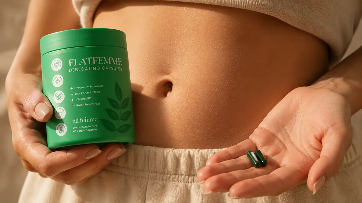 Close-up of the green FlatFemme jar and two capsules held next to a woman's midsection