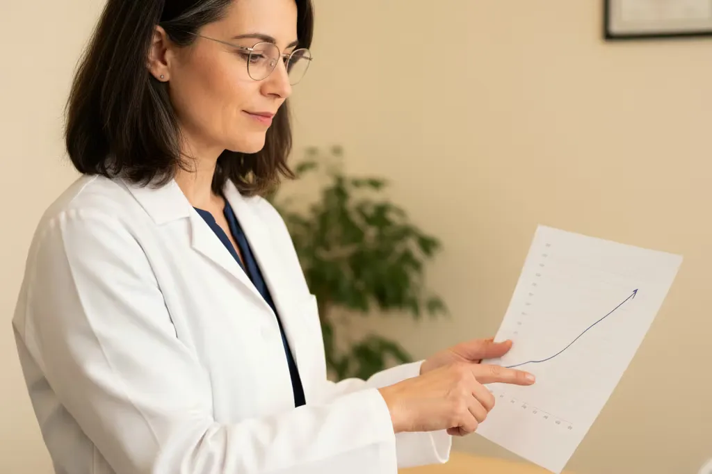 Dr. Mitchell pointing at a key data point in her patient-tracking results chart